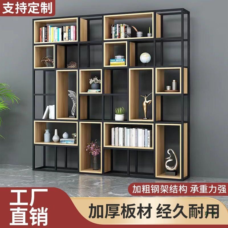 美式置物架办公室隔断展示架落地多层书架客厅实木屏风铁艺收纳架
