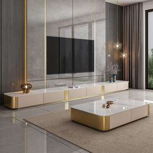 精致简约现代亮光岩板电视柜茶几组合落地超长款客厅大小户型家用