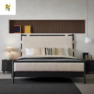 中古风实木布艺床高屏靠背雪酥床法式主卧1.8m白蜡木双人床高脚