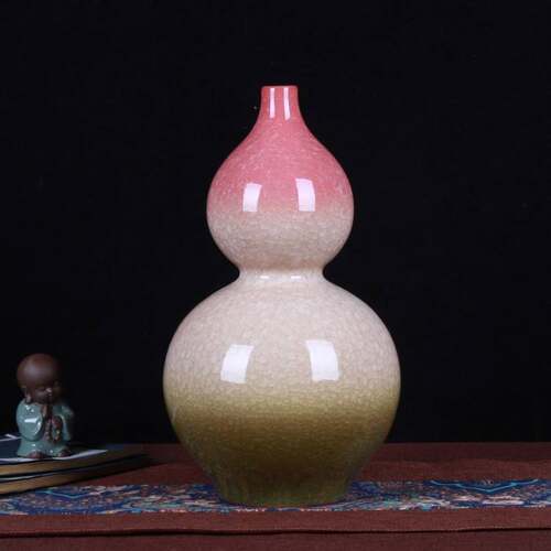 陶瓷花瓶摆件仿古官窑冰片裂纹三色釉石榴瓶博古架花架装饰工艺品