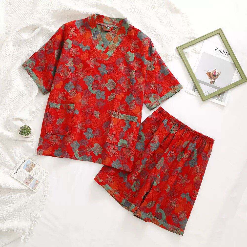 跨境纯棉双层纱提花汗蒸服按摩桑拿服情侣浴服酒店浴衣理疗服