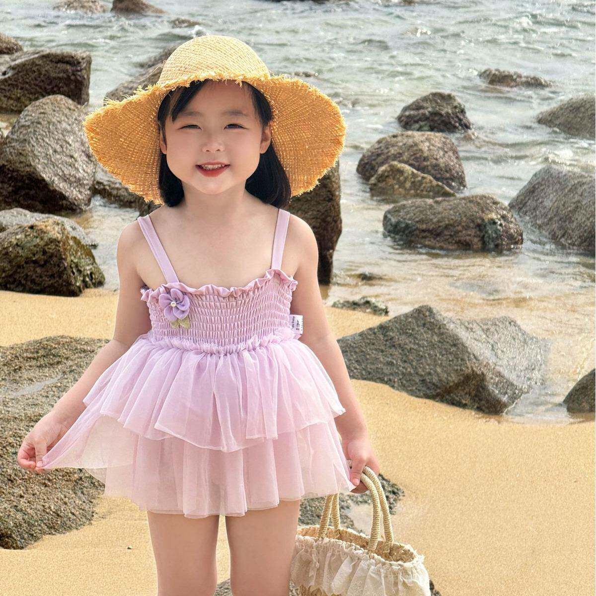 女童泳衣裙新款洋气纱纱女宝宝公主儿童夏装打揽连体泳装温泉