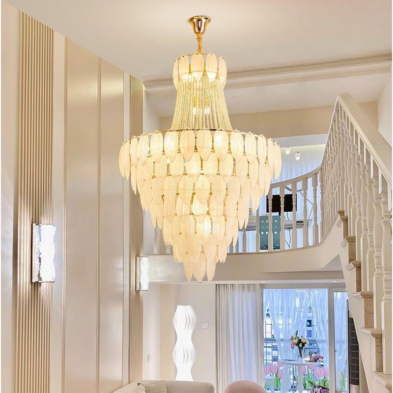 复式楼大吊灯loft中空三层客厅法式简约铁艺房间轻奢羽毛水晶吊灯