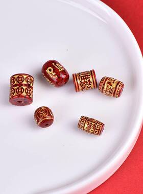 原矿朱砂晶体砂烫金双层钱币桶珠配件透光晶体砂手串吊坠车挂配件