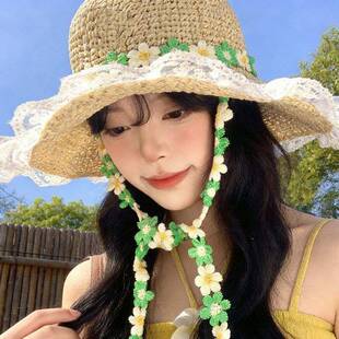 法式新款小花朵蕾丝系带草帽女度假这样渔夫防晒帽海边草编防晒帽