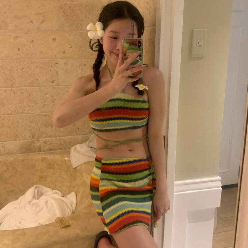 FlaminGold 南法多巴胺比基尼针织彩虹分体裙式温泉泳衣女三件套
