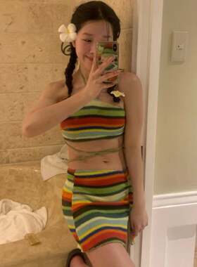 FlaminGold 南法多巴胺比基尼针织彩虹分体裙式温泉泳衣女三件套
