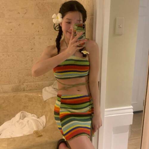 FlaminGold 南法多巴胺比基尼针织彩虹分体裙式温泉泳衣女三件套