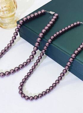 跨境紫色水晶珍珠项链女级感正圆强光锁骨链饰品
