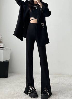 fuccykee秋冬神裤休闲开叉裤微喇显瘦小个子西装高腰黑色宽裤子
