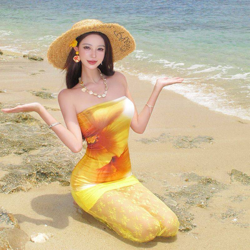 多巴胺性感辣妹黄色印花抹胸沙滩裙女夏季海边度假蕾丝泳衣泡温泉