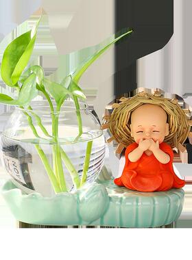 新款禅意草帽小和尚水养绿萝水培装饰家居办公室桌面摆件花瓶花器