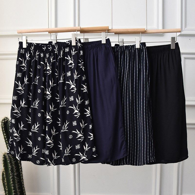 夏季男士中老年人造棉短裤加肥宽松大码薄款棉绸睡裤五分裤家居裤