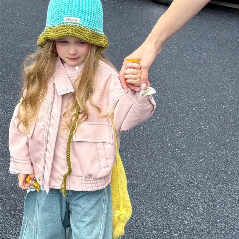 F妈妈儿童服装2025秋季新款女孩和婴儿韩式Pu皮革时尚休闲夹克