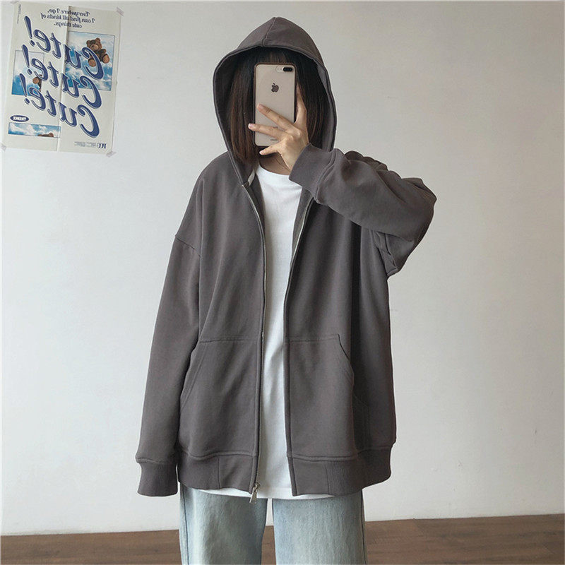2021新款秋季宽松连帽拉链卫衣女学院风薄款长袖开衫外套休闲上衣