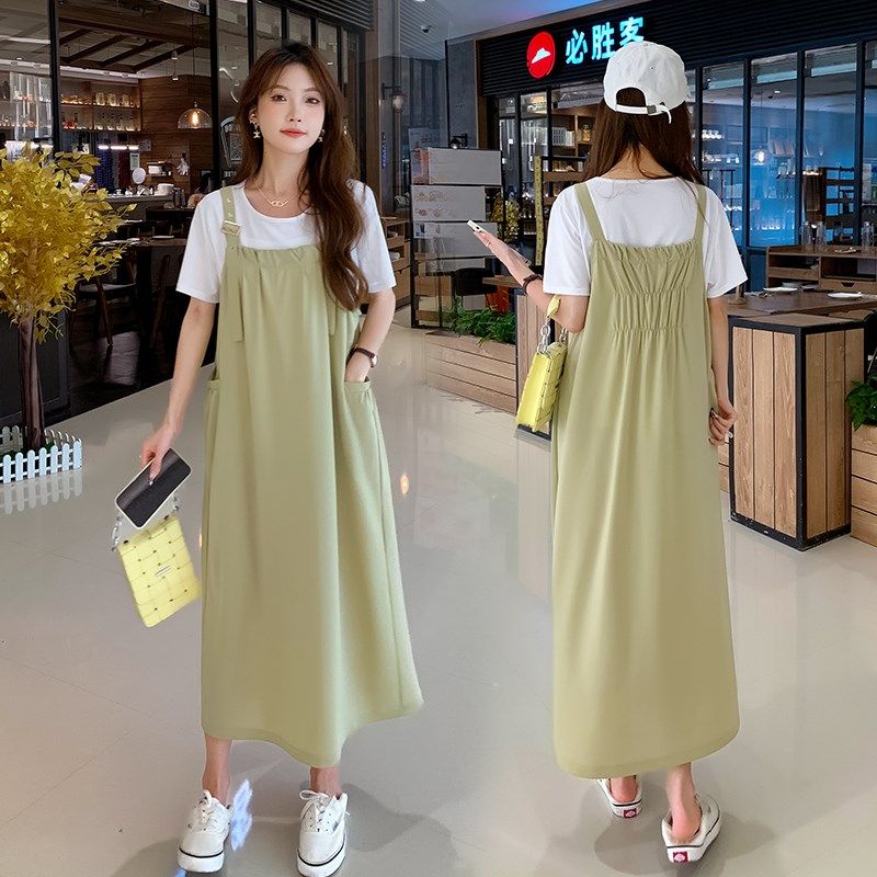 大码孕妇a背带裙夏季套装高级感胖MM时尚洋气宽松短袖连衣裙200斤