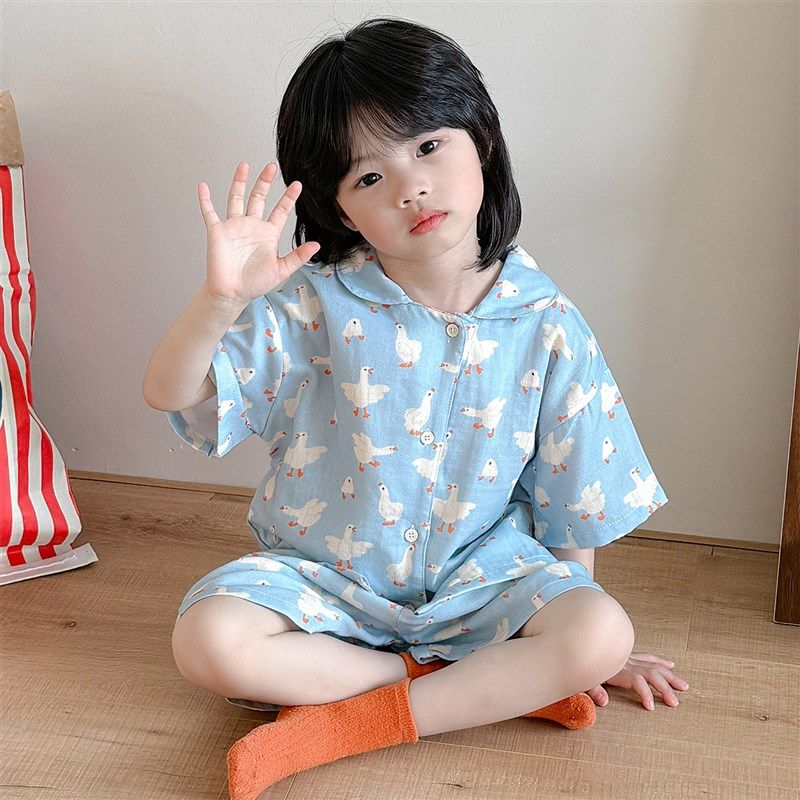 夏季薄款儿童短袖短裤纯棉纱布睡衣男女童韩版翻领家居服A类套装
