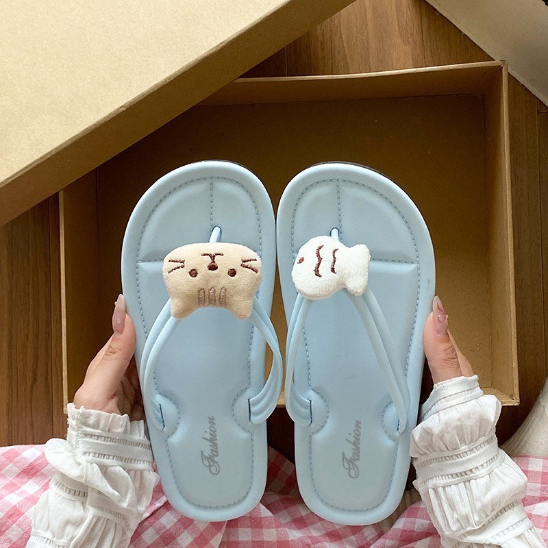 卡通可爱猫鱼人字拖女外穿防滑防臭夹脚凉拖鞋软底高颜值室内居家
