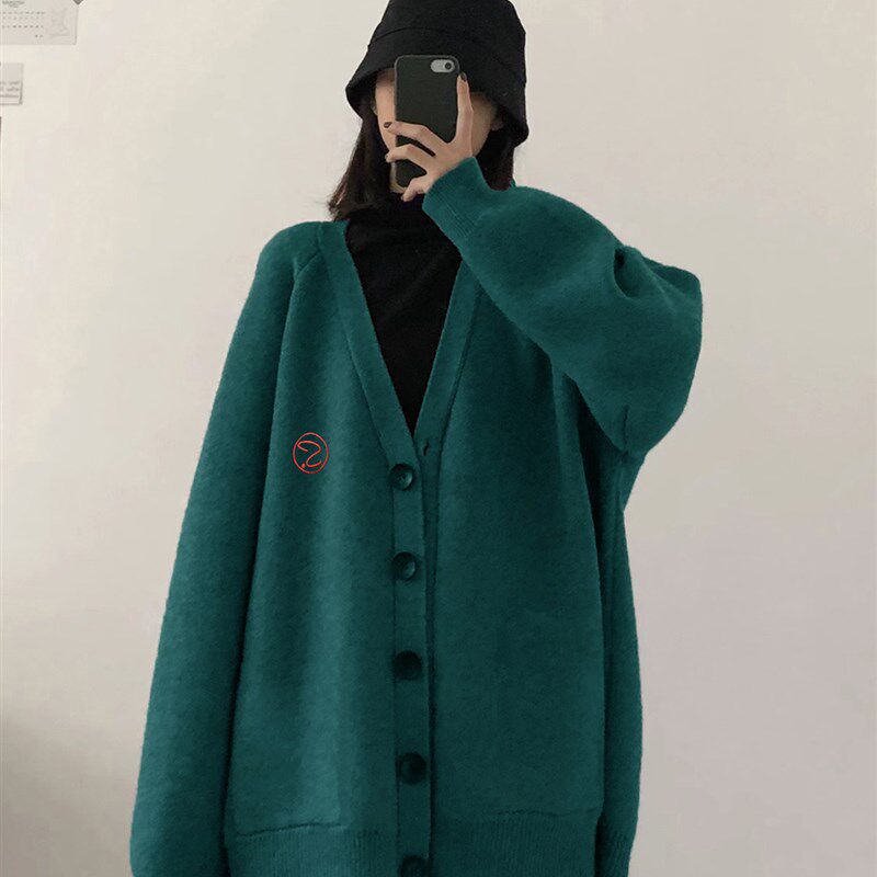 大码纯色开衫毛衣外套女胖妹妹秋冬宽松通勤慵懒风中长款针织上衣
