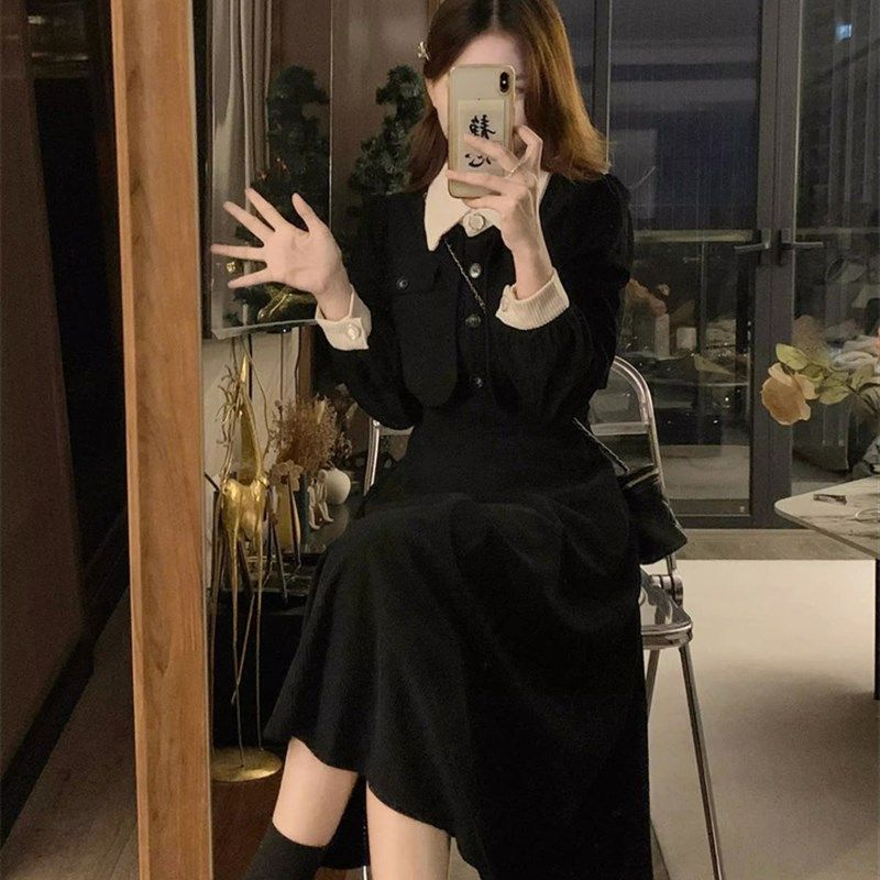 法式赫本黑色连衣裙子秋冬2023新款女早秋装搭配一整套长袖长裙冬