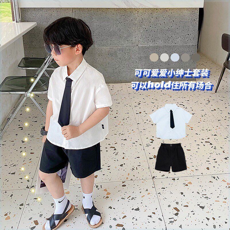 男童衬衣套装夏短袖两件套白色衬衫表演服套装宝宝黑色裤子学院风