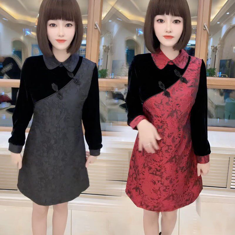 2024年春季新款连衣裙洋气显瘦国风盘扣中长款遮肉女冬季打底裙潮