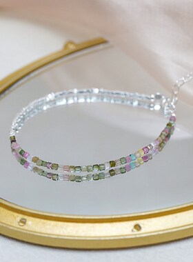 小众清新气质多巴胺彩色方糖碧玺碎银子手链纤细手环叠戴女50458
