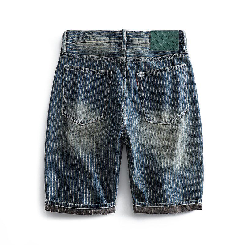 夏季牛仔短裤男宽松直筒大码条纹四分裤纯棉美式休闲复古潮流洗水