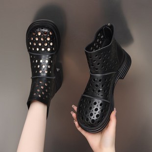 女透气平底短靴镂空防滑凉靴子 女外穿真皮厚底洞洞鞋 夏季 包头凉鞋