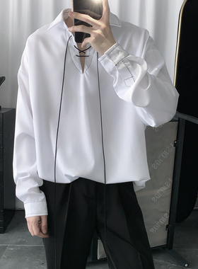 春秋季暗黑禁欲系气质明线设计感衬衫男百搭抽绳绑带套头衬衣上衣