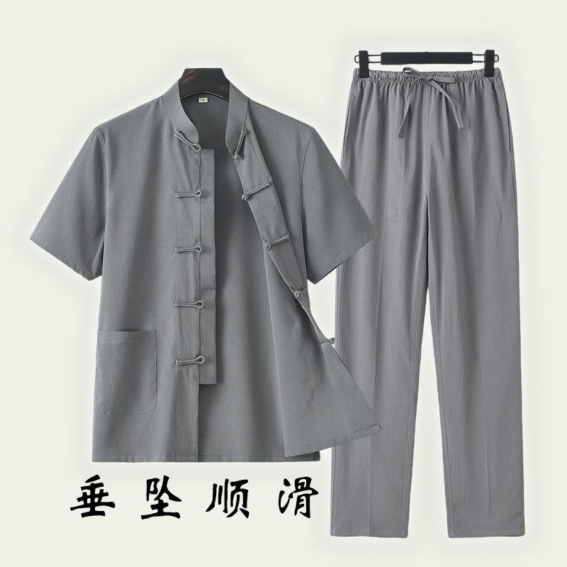 夏日短袖中国风唐装套装中老年男士休闲中袖中式复古爸爸装家居服