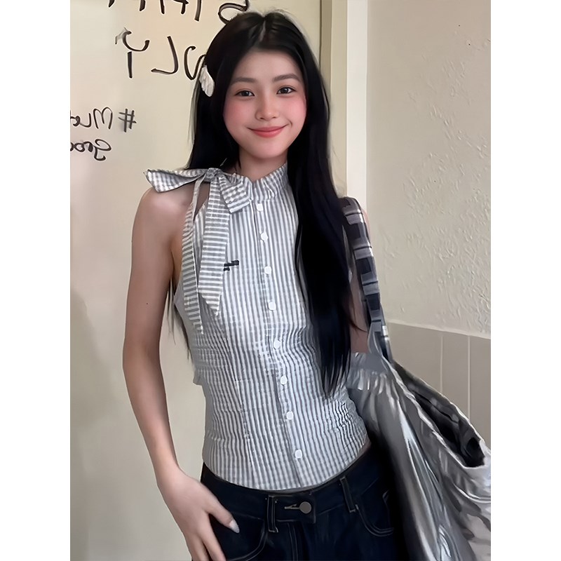 法式格子挂脖无袖t恤女夏季设计感小众露肩绝美背心辣妹上衣外穿