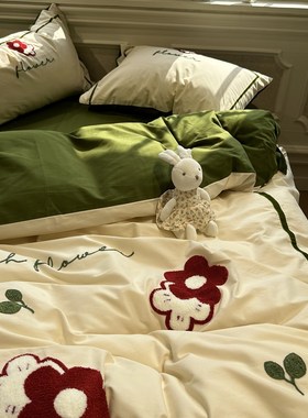 100支轻磨毛刺绣复古绿红色花花纯棉全棉四件套1.5m1W.8米床上用
