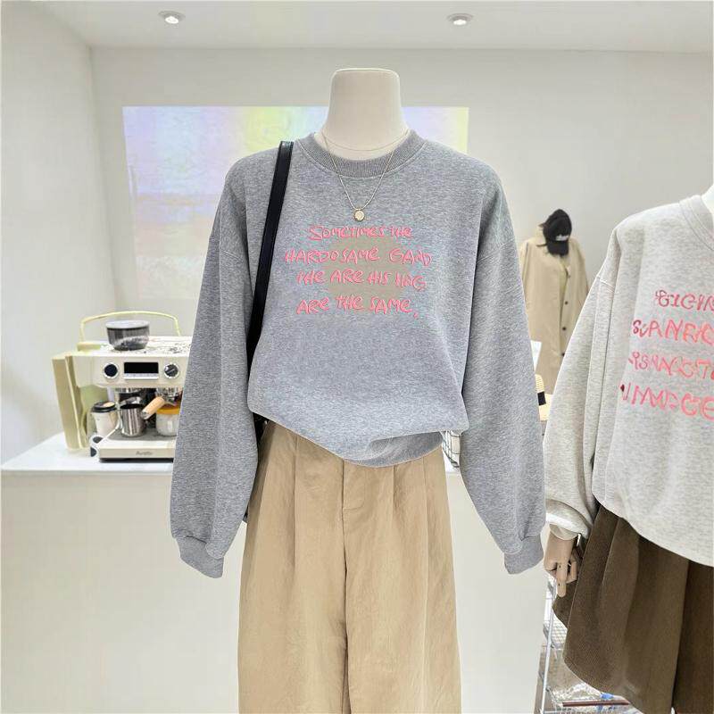 无帽卫衣女士秋季韩版宽松大码上衣服2024新款圆领长袖加绒加厚款