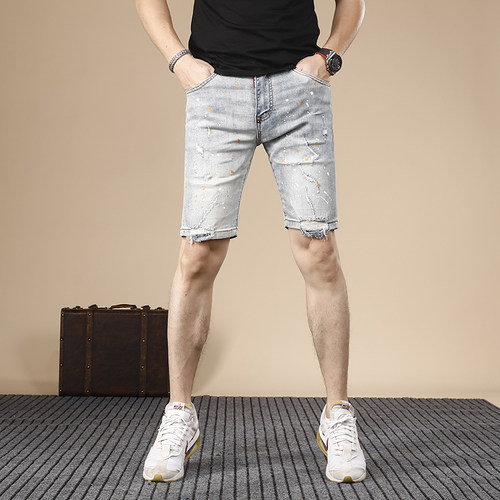夏季薄款高端破洞牛仔短裤男潮牌中裤5分裤男士修身五分裤潮浅色