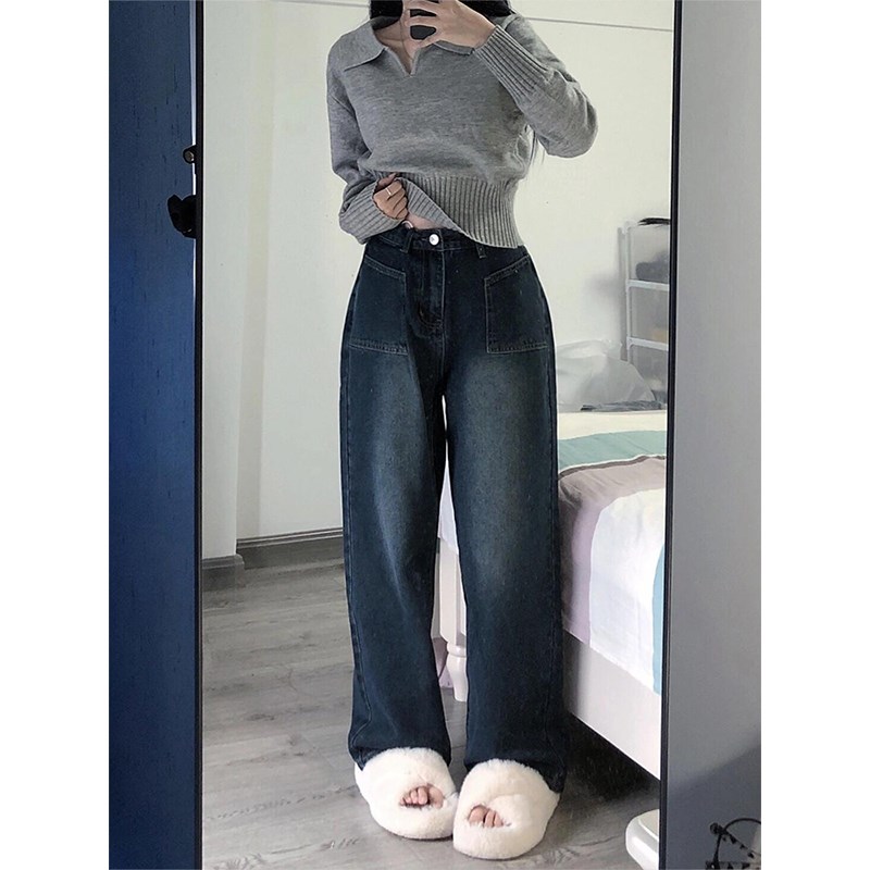 大码胖mm复古阔腿牛仔裤秋季新款学生裤子女高腰大口袋显瘦直筒裤
