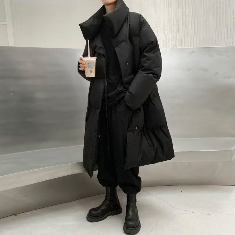 冬季长版纯色棉服男设计感保暖立领铺棉外套宽松百搭高街过膝外套