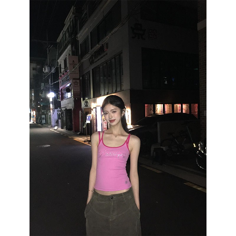 美式辣妹撞色烫钻字母吊带背心女夏外穿内搭修身紧身显瘦无袖上衣