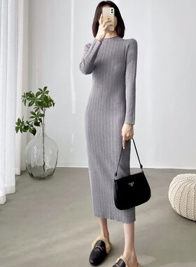 2022年秋冬修身显瘦过膝毛衣裙女中长版包臀连衣裙针织内搭打底裙