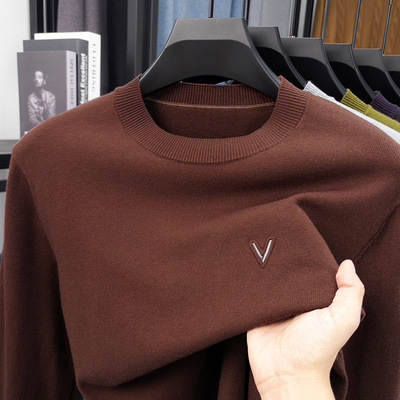 高档简约秋季纯色长袖毛衣男士新款休闲简约嵌花圆领打底针织衫男