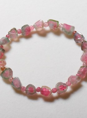 天然溏心冰透西瓜碧玺双色随形单圈手链串一物一图饰品礼物送女友