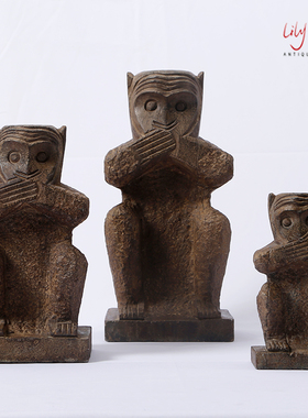 中式复古猴摆件客厅新品搭配工艺品创意家居礼品青石雕三不猴生肖