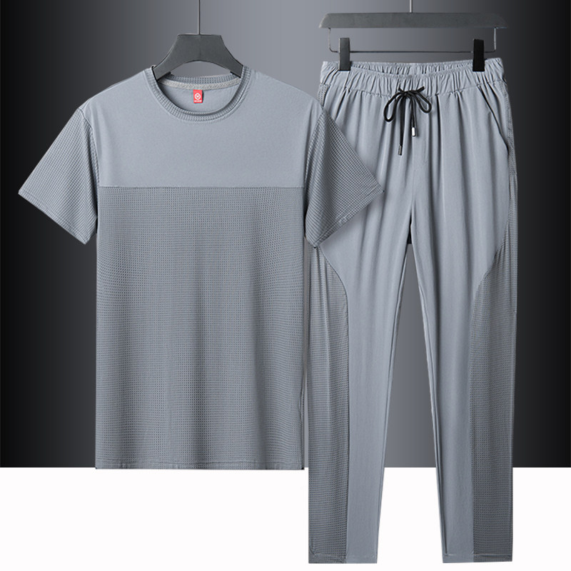 冰丝套装男短袖长裤夏季跑步运动服大码薄款t恤速干衣休闲两件套