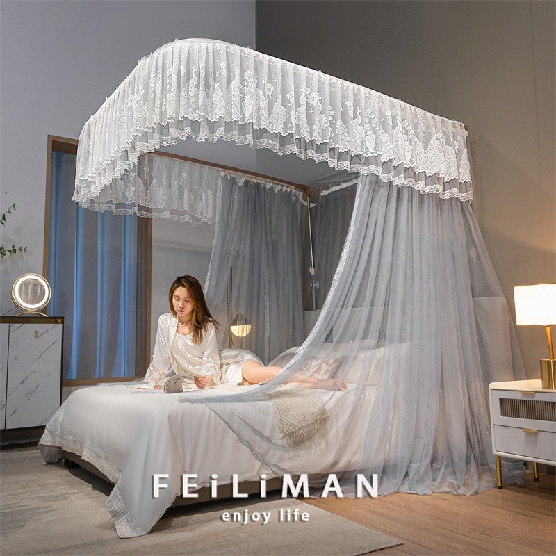 导轨蚊帐家用2024新款卧室高级三开门U型落地免安装支架杆加粗4