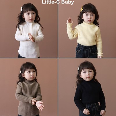 巨好穿~韩国女童2024秋冬新纯色木耳边半高领打底毛衣纯棉针织衫