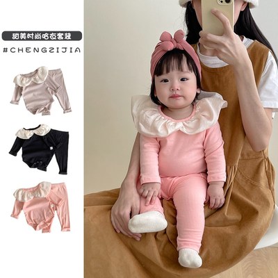 韩国婴儿童荷叶边打底衫长裤两件套女宝宝小公主家居服包屁衣套装