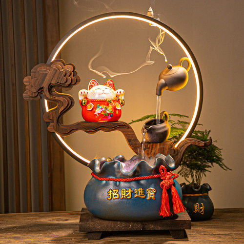 速发陶瓷悬壶招财猫流水摆件加湿器办公室前台家居装饰Y开业乔迁