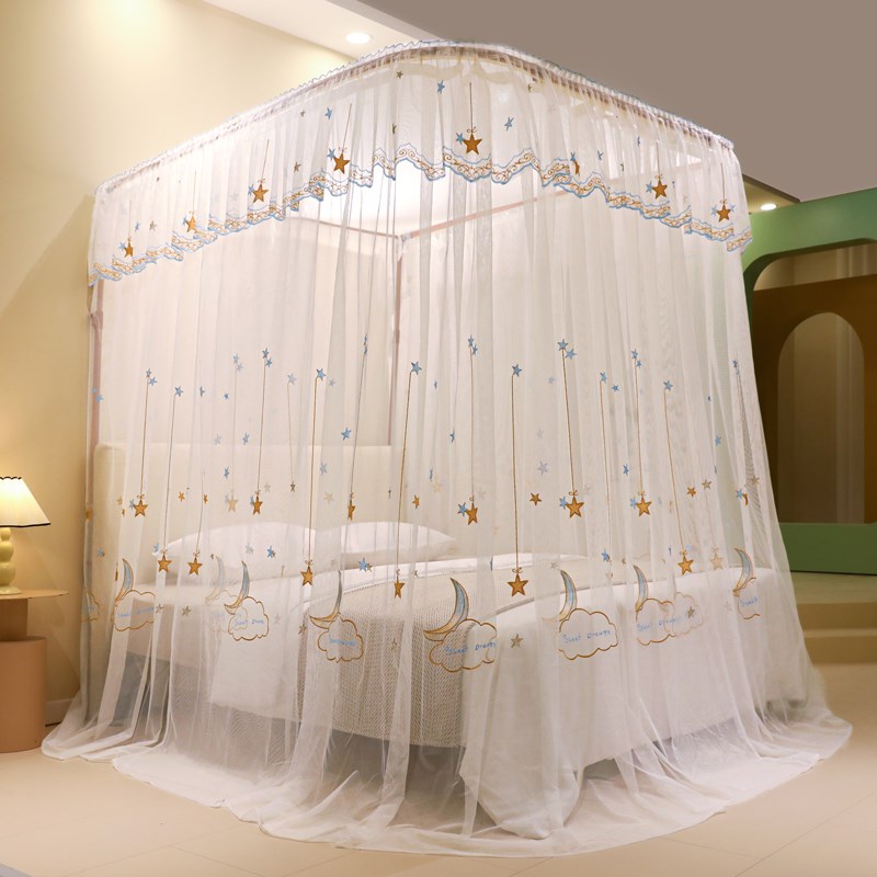 刺绣2023新款U型导轨蚊帐加密加厚轨道升降可伸缩落地三开门家用