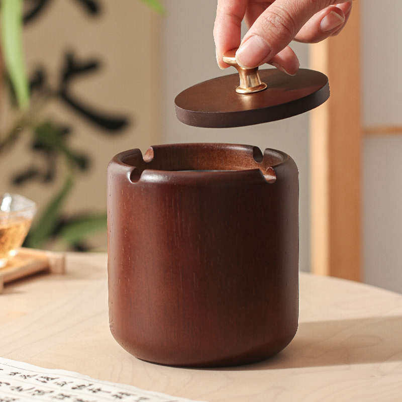 新中式烟灰缸带盖实木办公室大气上档次家用创意潮流个性木质烟缸