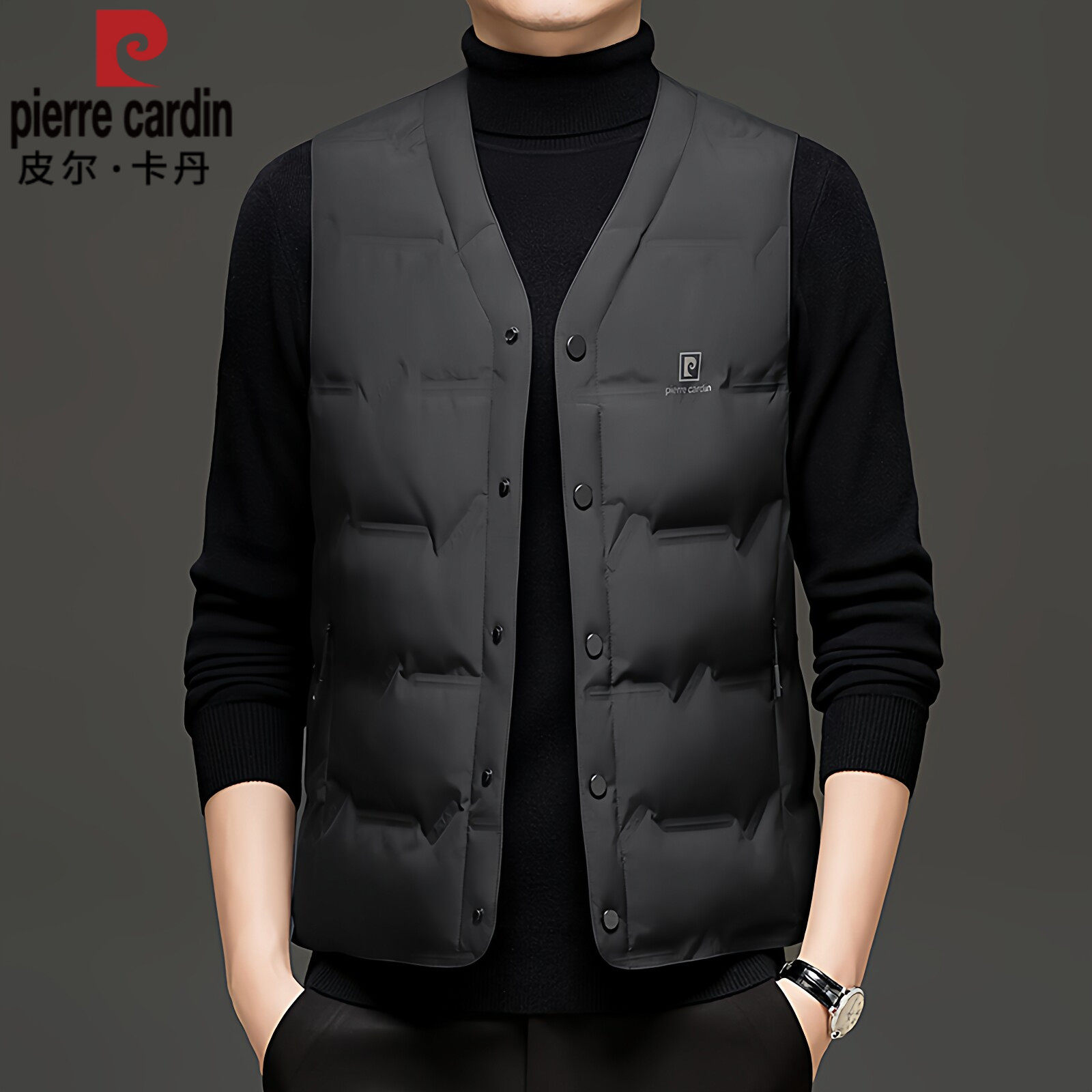 皮尔卡丹男士白鸭绒羽绒背心马甲秋冬季爸爸装保暖无袖坎肩外套男